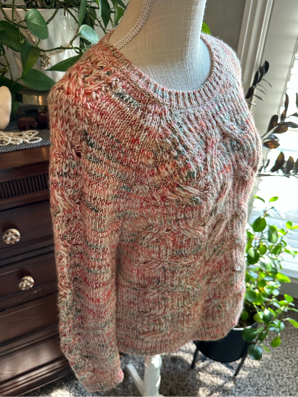 Talbots Multicolor Cable Knit Crew Sweater - Cream with Pink & Green Specks